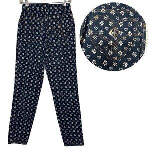 Vintage 90s Moschino Jeans Floral Print Heart Pocket Peace Sign Fits 25 - 26